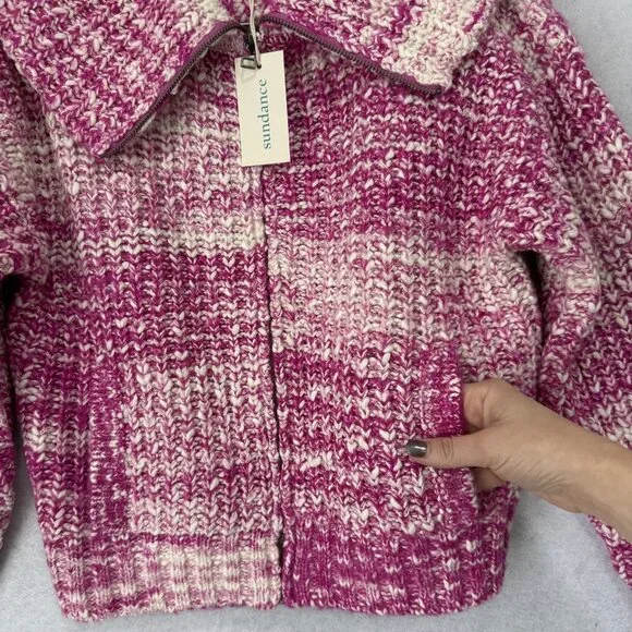 Sundance Sweater Womens Small Pink White Zip Front Collared Chunky Knit Pockets - Picture 3 of 8